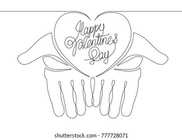 Continuous line one hand silhouette of palms with a heart. Happy Valentine's day . Greeting card