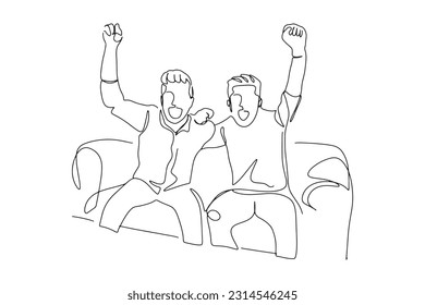 continuous line, one line
Happy man cheering for football with friends raising hands
concept of relaxation, watching sports
hand drawn illustration vector