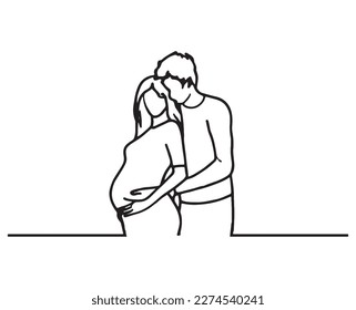 continuous line, one line mother father son pregnant mother husband care family illustration hand drawn simple vector.