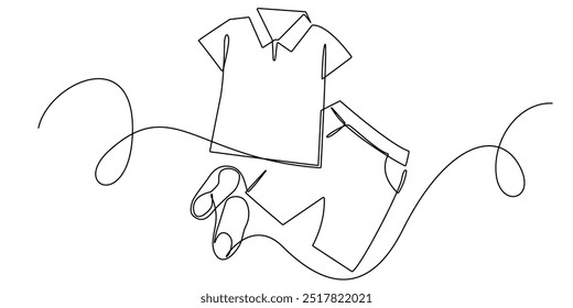 linha contínua um conjunto de wear.one desenho de linha de sapatos, calções e shirt.single linha vetor ilustração.fundo branco isolado