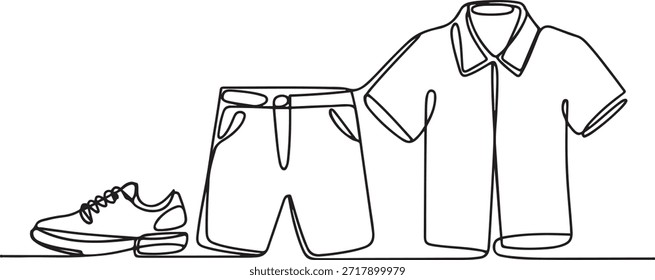 linha contínua um conjunto de wear.one desenho de linha de sapatos, calções e camisa. ilustração vetor de linha única.
