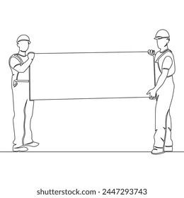 Continuous line one single drawing Two workers are standing and holding big long billboard icon vector illustration concept