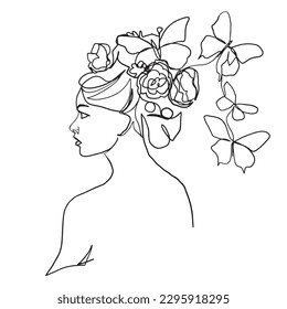 continuous line one line woman beautiful woman with flowers and a large butterfly fashion lifestyle illustration vector hand drawn