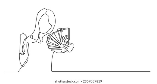 continuous line of online loans.one line drawing of woman offering some money.isolated white background