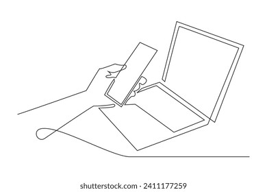 continuous line of online payment.line art of hand ,cellphone and laptop.ecommerce,online business,sales traffic.isolated white background