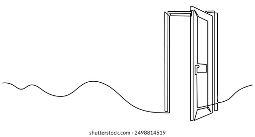 Línea continua de puerta abierta sobre fondo blanco. La puerta abierta es un concepto de nuevas posibilidades.  Trazo editable.