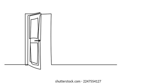 continuous line open doors  one line drawing door isolated white background