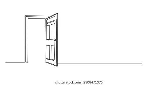 continuous line of open doors. one line drawing of door isolated on white background