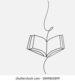 Continuous line, Opening book. Drawing of set Knowledge. (Vector illustration one line drawing)