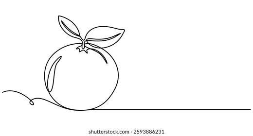 continuous line of orange fruit. simple one line drawing of orange. minimalist orange fruit. isolated on white background, A slice of orange fruit is hand drawn in one line art modern illustration.