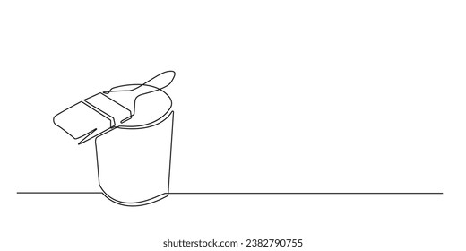 línea continua de pincel de pintura y cubo de pintura.dibujo de una sola línea de equipo de coloración de pared.arte de línea abstracta de pincel de pintura en cubo de pintura fondo blanco aislado