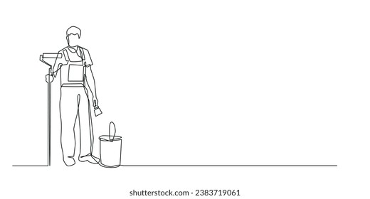 continuous line of paint worker.single line vector of wall painter.house painter standing with paint roll and bucket.isolated white background