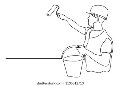 Continuous line painter builder in a helmet paints a wall in the hands of a bucket of paint. The concept of construction, repair, decoration of premises.