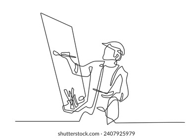 continuous line of painter.single line of man painting on canvas.line art of man painter profession