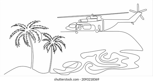 
continuous line of palm trees and helicopters