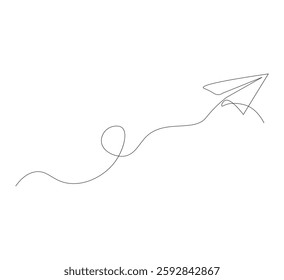 Continuous line paper airplane, white background. Abstract doodle email, letter plane. Vector abstract illustration of business trip flying ship in the sky.