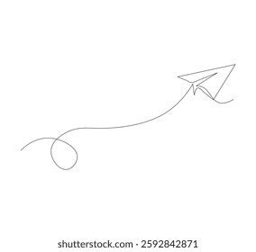 Continuous line paper airplane, white background. Abstract doodle email, letter plane. Vector abstract illustration of business trip flying ship in the sky.