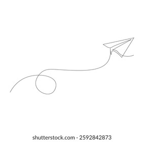 Continuous line paper airplane, white background. Abstract doodle email, letter plane. Vector abstract illustration of business trip flying ship in the sky.