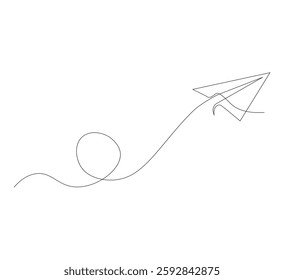 Continuous line paper airplane, white background. Abstract doodle email, letter plane. Vector abstract illustration of business trip flying ship in the sky.