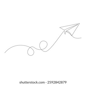 Continuous line paper airplane, white background. Abstract doodle email, letter plane. Vector abstract illustration of business trip flying ship in the sky.