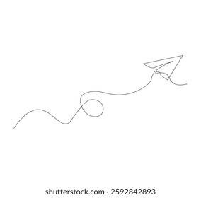 Continuous line paper airplane, white background. Abstract doodle email, letter plane. Vector abstract illustration of business trip flying ship in the sky.