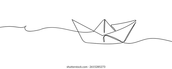 continuous line paper boat vector illustration with transparent background.