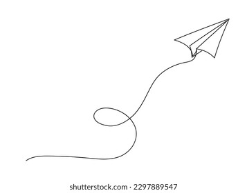 Continuous line paper plane, airplane vector art background. Abstract doodle email, mail plane, travel dream concept air. Business trip Vector abstract illustration flying ship in sky.