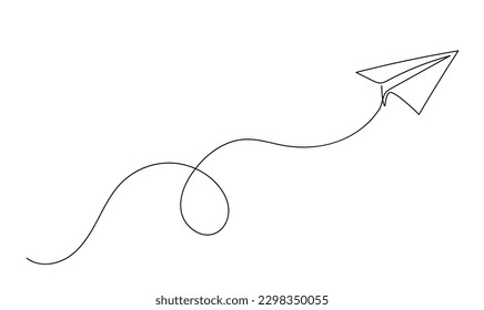 Continuous line paper plane, airplane vector art background. Abstract doodle email, mail plane, travel dream concept air. Business trip Vector abstract illustration flying ship in sky.