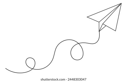 Continuous line paper plane, airplane vector art background. Abstract doodle email, mail plane, travel dream concept air. Business trip Vector illustration 