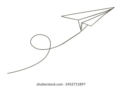 Continuous line paper plane, airplane, vector art background.