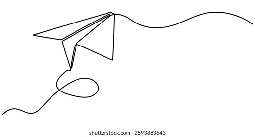  Continuous line paper plane, airplane vector art background. Abstract doodle email, mail plane, travel dream concept air. Business trip Vector abstract illustration flying ship in sky.