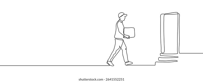Continuous line, parcel delivery staff, transportation Hand drawn vector art lines on transparent background.