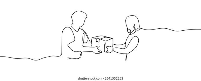 Continuous line, parcel delivery staff, transportation Hand drawn vector art lines on transparent background.