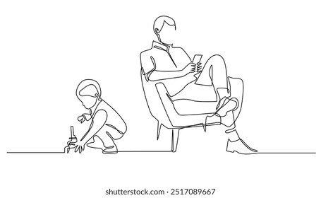 continuous line of parents busy with cellphones and children playing alone.one line drawing of family concern.single line of child concern.isolated white background