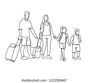 Continuous Line Parents with Children Travelling on Vacation. One Line Family with Baggage. Contour People with Luggage. Vector illustration