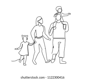 Continuous Line Parents Walking with Children. One Line Happy Family. Contour People Outdoor. Parenting Characters. Vector illustration