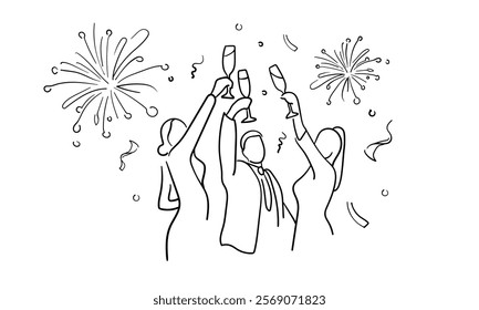 Continuous line party champagne one line art, continuous drawing contour. Hands toasting with wine glasses with drinks. Cheers toast festive decoration for holidays. Vector illustration