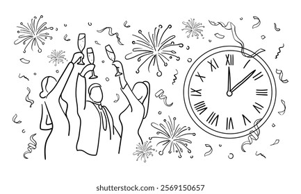 Continuous line party champagne one line art, continuous drawing contour. Hands toasting with wine glasses with drinks. Cheers toast festive decoration for holidays. Vector illustration