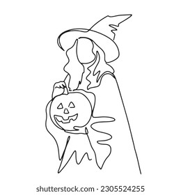 continuous line party halloween woman dressed up witch holding pumpkin ghost hand drawn illustration vector