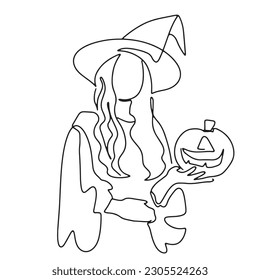 continuous line party halloween woman dressed up witch holding pumpkin ghost hand drawn illustration vector