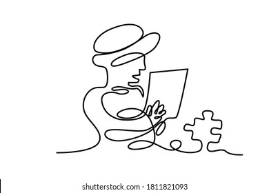 Continuous line pattern illustration business man holding a notebook to puzzle