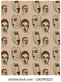Continuous line pattern with woman portrait in trendy modern style. Abstract beauty logo for your tempura design. Contemporary art. Fashion girls with colorful elements. 