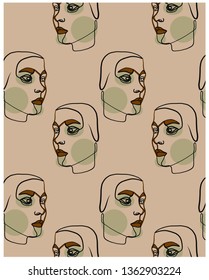 Continuous line pattern with woman portrait in trendy modern style. Abstract beauty logo for your tempura design. Contemporary art. Fashion girls with colorful elements. 