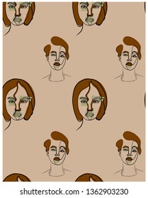 Continuous line pattern with woman portrait in trendy modern style. Abstract beauty logo for your tempura design. Contemporary art. Fashion girls with colorful elements. 
