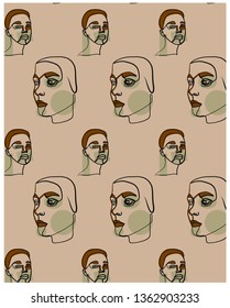 Continuous line pattern with woman portrait in trendy modern style. Abstract beauty logo for your tempura design. Contemporary art. Fashion girls with colorful elements. 