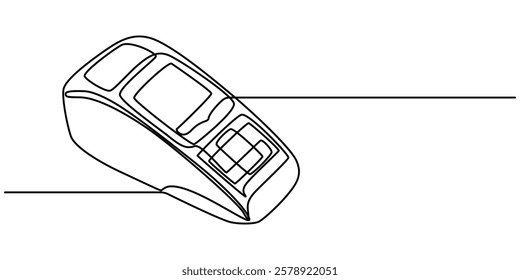 continuous line of payment card machine, Contactless bank card, simple in payment terminal, credit card machine, one line art, minimal Reader Doodle Icon. Hand Drawn Symbol Vector outline pro.