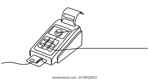 continuous line of payment card machine, Contactless bank card, simple in payment terminal, credit card machine, one line art, minimal Reader Doodle Icon. Hand Drawn Symbol Vector outline pro.