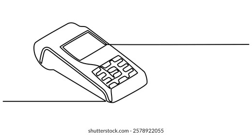 continuous line of payment card machine, Contactless bank card, simple in payment terminal, credit card machine, one line art, minimal Reader Doodle Icon. Hand Drawn Symbol Vector outline pro.