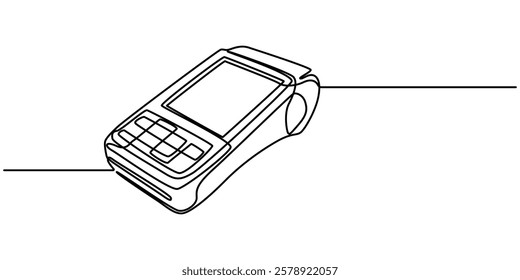 continuous line of payment card machine, Contactless bank card, simple in payment terminal, credit card machine, one line art, minimal Reader Doodle Icon. Hand Drawn Symbol Vector outline pro.