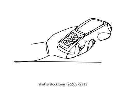 Kontinuierliche Linie der Zahlung Pos Terminal und männliche Hand halten Kreditkarte Illustration,